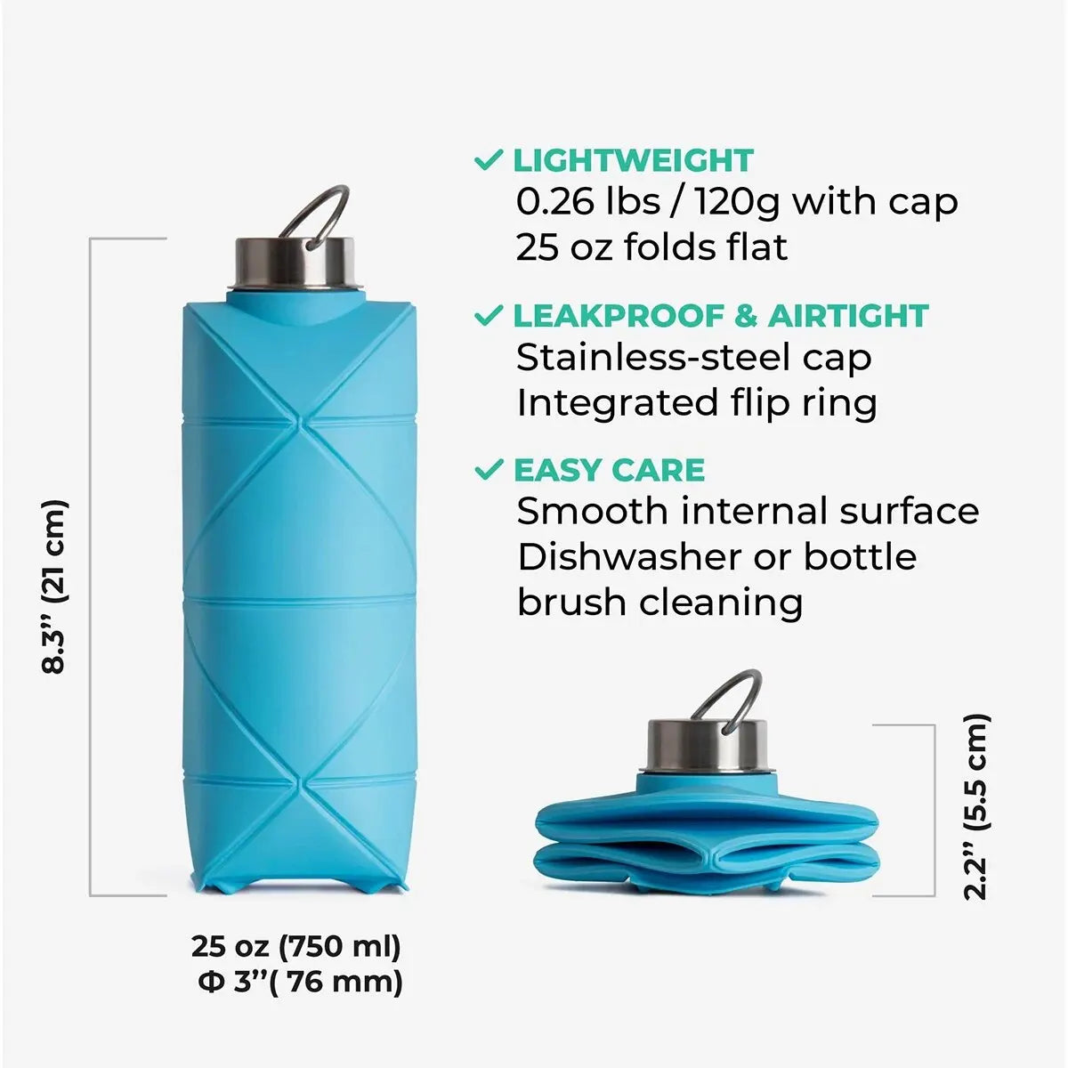 1Pc 750Ml Collapsible Water Bottle Leakproof Valve Reusable Silicone Foldable Travel Water Bottle for Gym Camping Hiking Travel