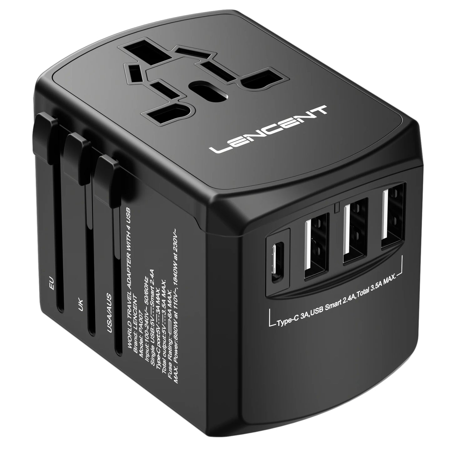 LENCENT Universal Travel Adapter All-in-one Travel Charger with 3 USB Ports and 1 Type C Wall Charger for US EU UK AUS Travel