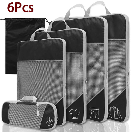 6Pcs Set Travel Bag Compression Packing Cubes Lightweight Durable with Storage Bag Nylon Luggage Suitcase Organizer Bags