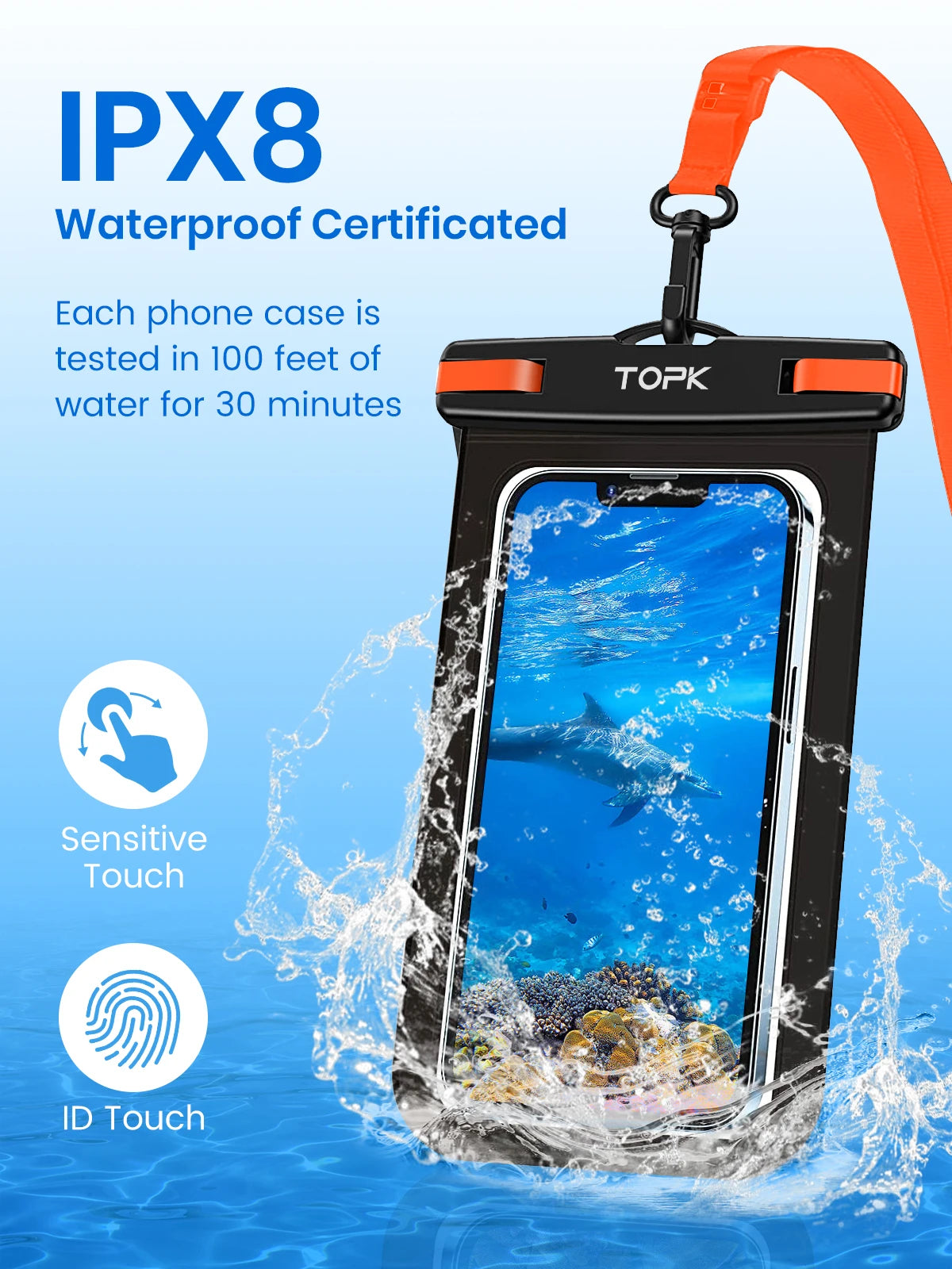 TOPK E01 Waterproof Phone Pouch,Universal IPX8 Waterproof Phone Case Dry Bag with Lanyard for iPhone Samsung Up to 7.0 inch