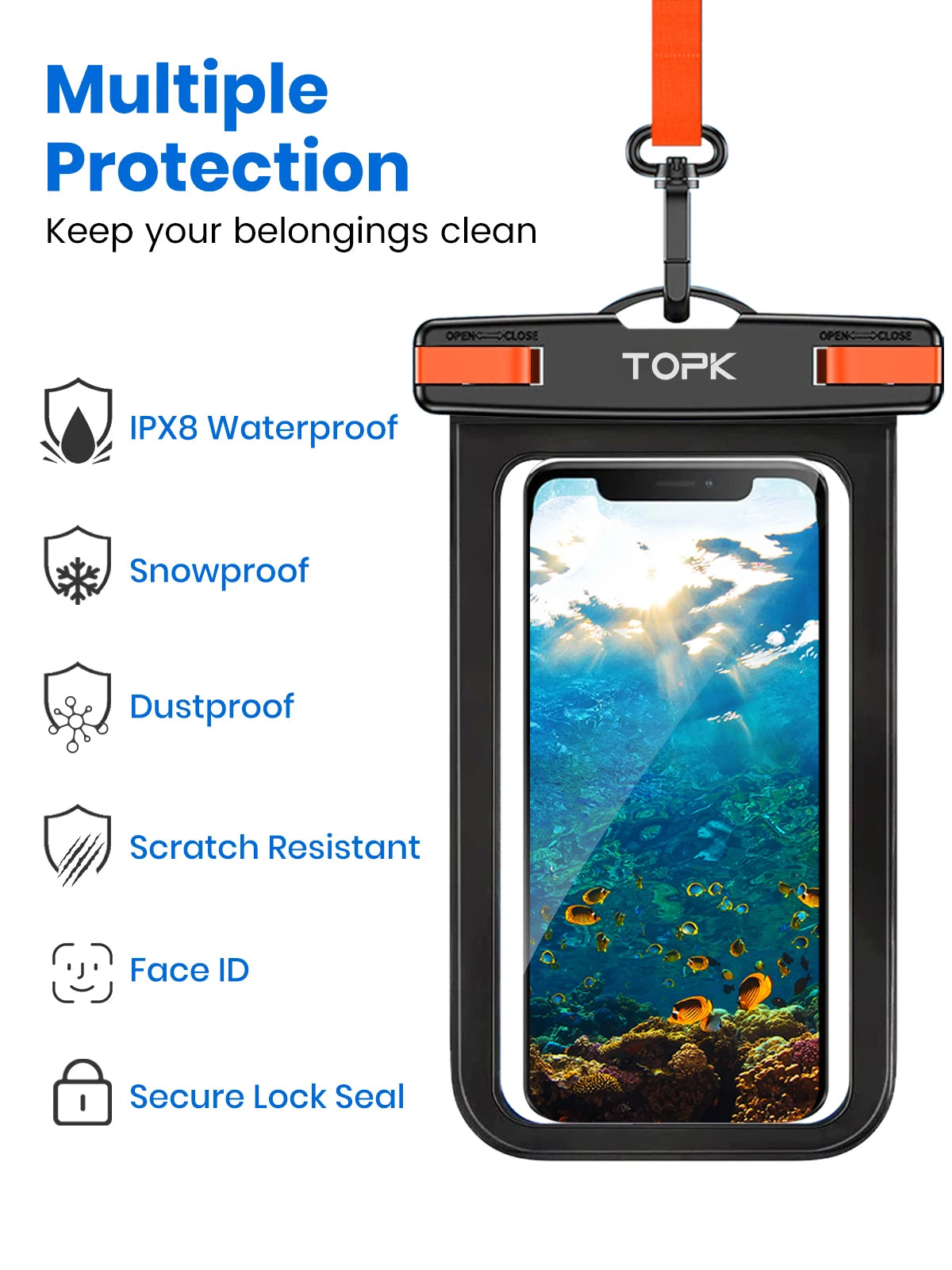 TOPK E01 Waterproof Phone Pouch,Universal IPX8 Waterproof Phone Case Dry Bag with Lanyard for iPhone Samsung Up to 7.0 inch